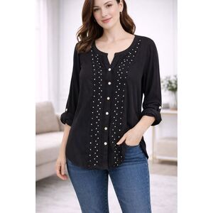 JM Collection 3/4 Sleeve Button Front Top Black XS